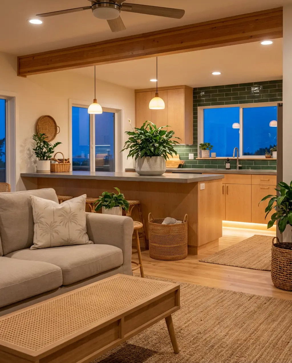 Tropical Chic Open Kitchen Living Room