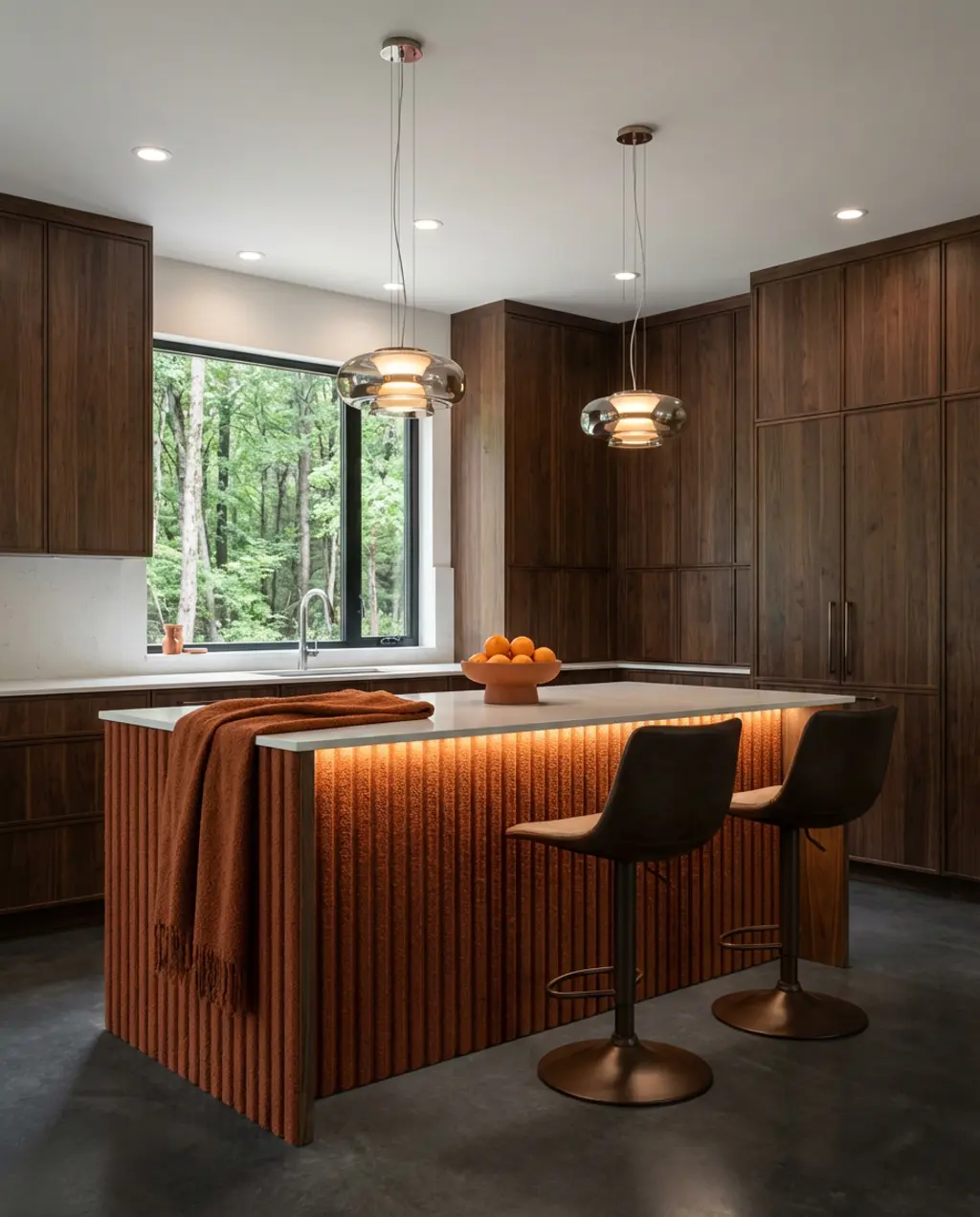 Dark Wood Kitchen with Statement Island and Feature Lighting