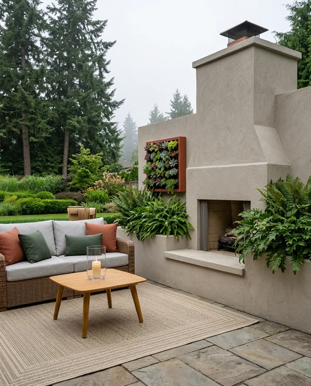 Backyards Fireplace with Integrated Planters and Vertical Garden