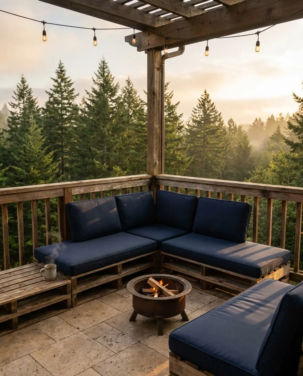 Rustic Balcony with Wood Pallet Furniture & Fire Pit