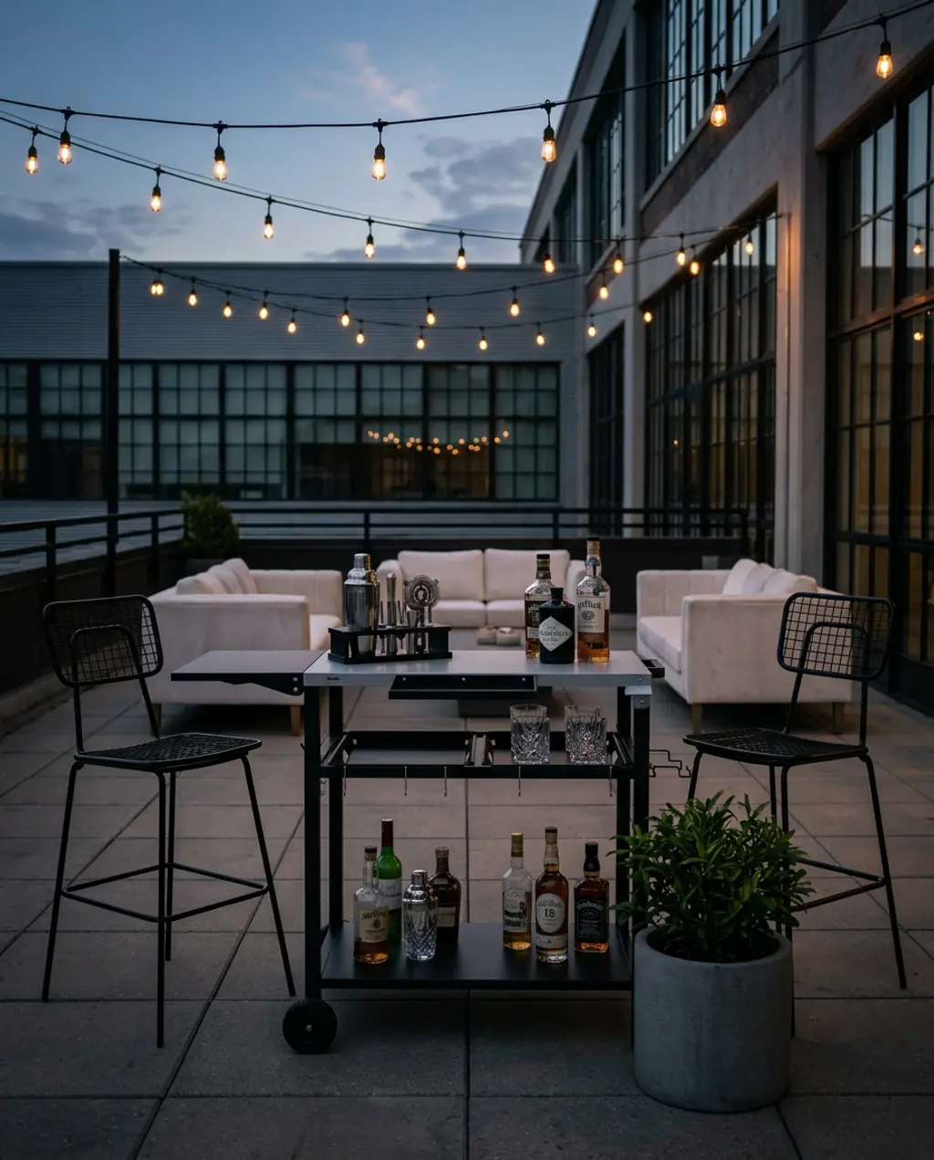 Industrial Black Metal Bar Cart and Stools for Outdoor Entertaining