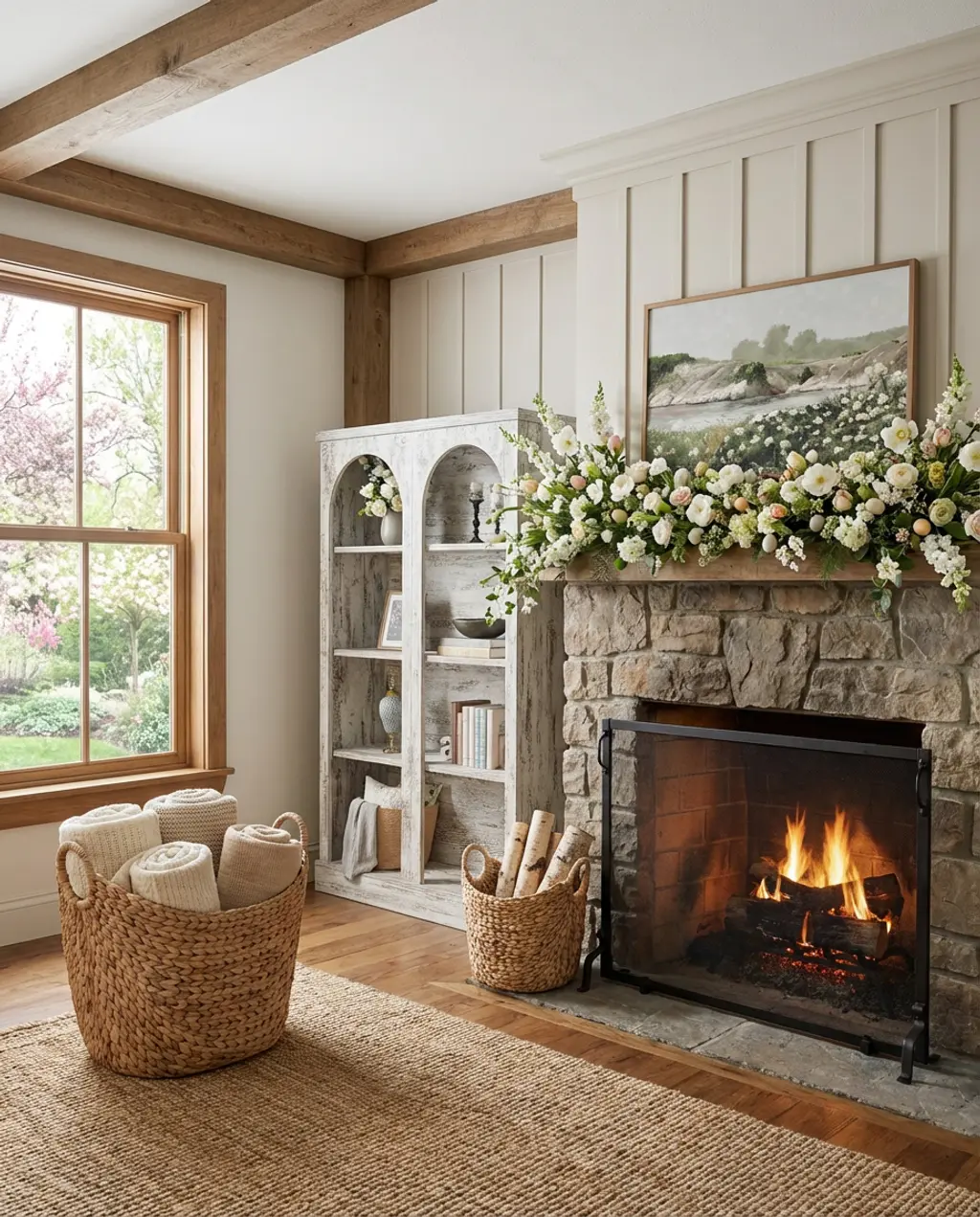 Farmhouse Easter Fireplace Mantel with Floral Garland