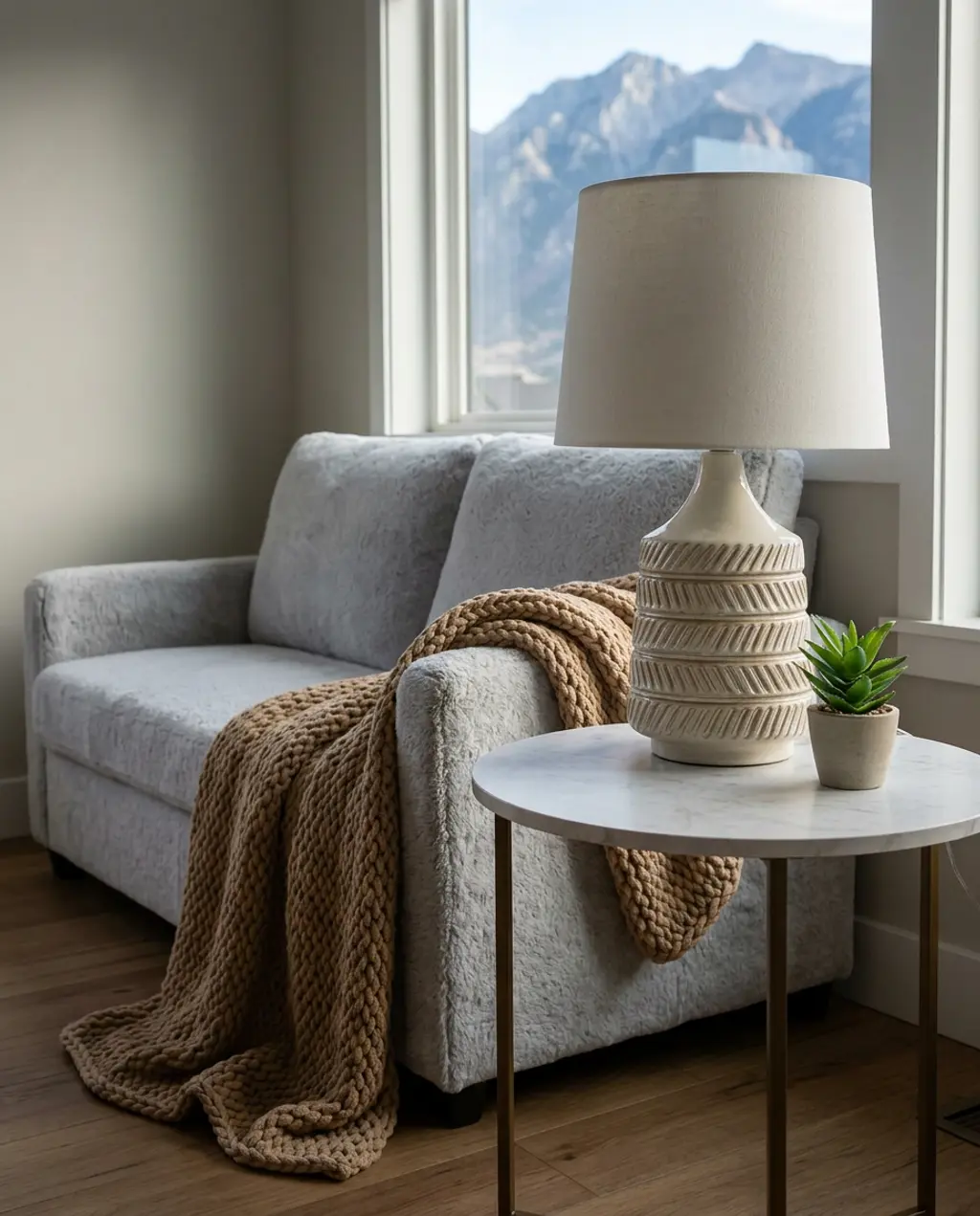 Cozy Gray Couch Corner with Books and Soft Textures