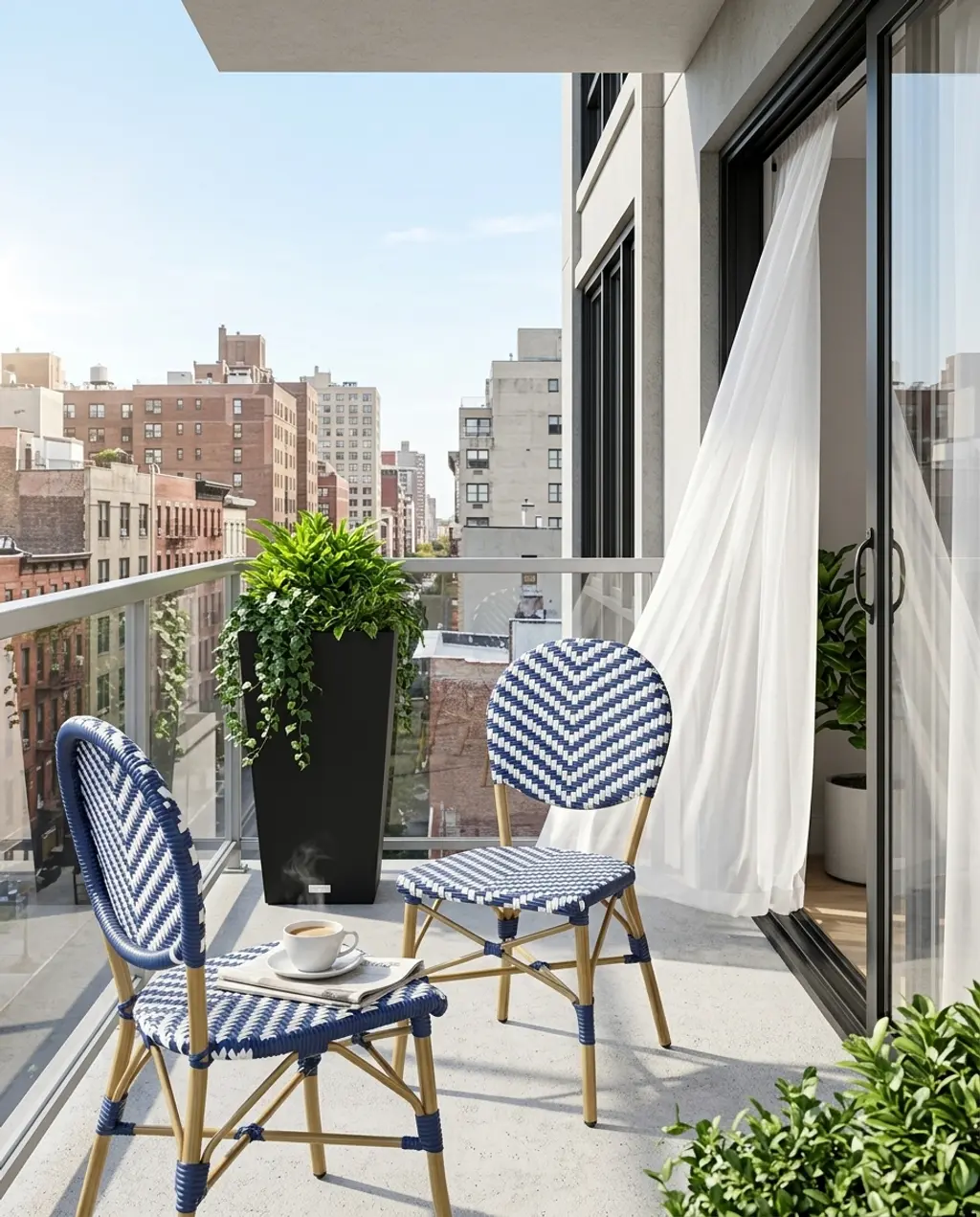 Chic Urban Balcony with Slim Black Sliding Patio Doors and Sheer Panel Curtains