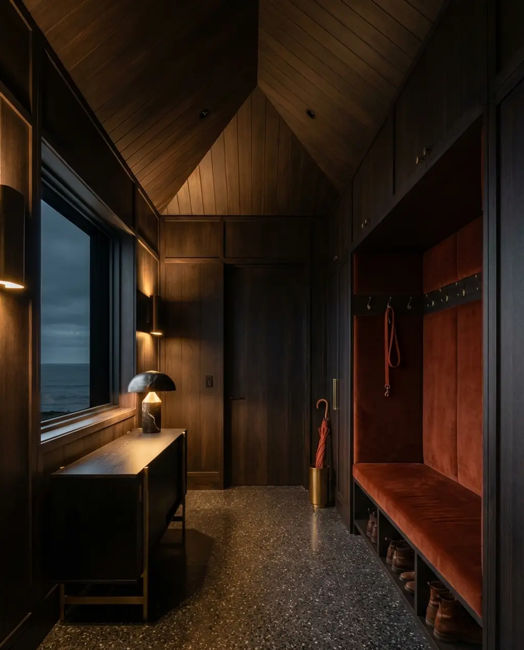 Dark and Moody Mudroom with Feature Wall
