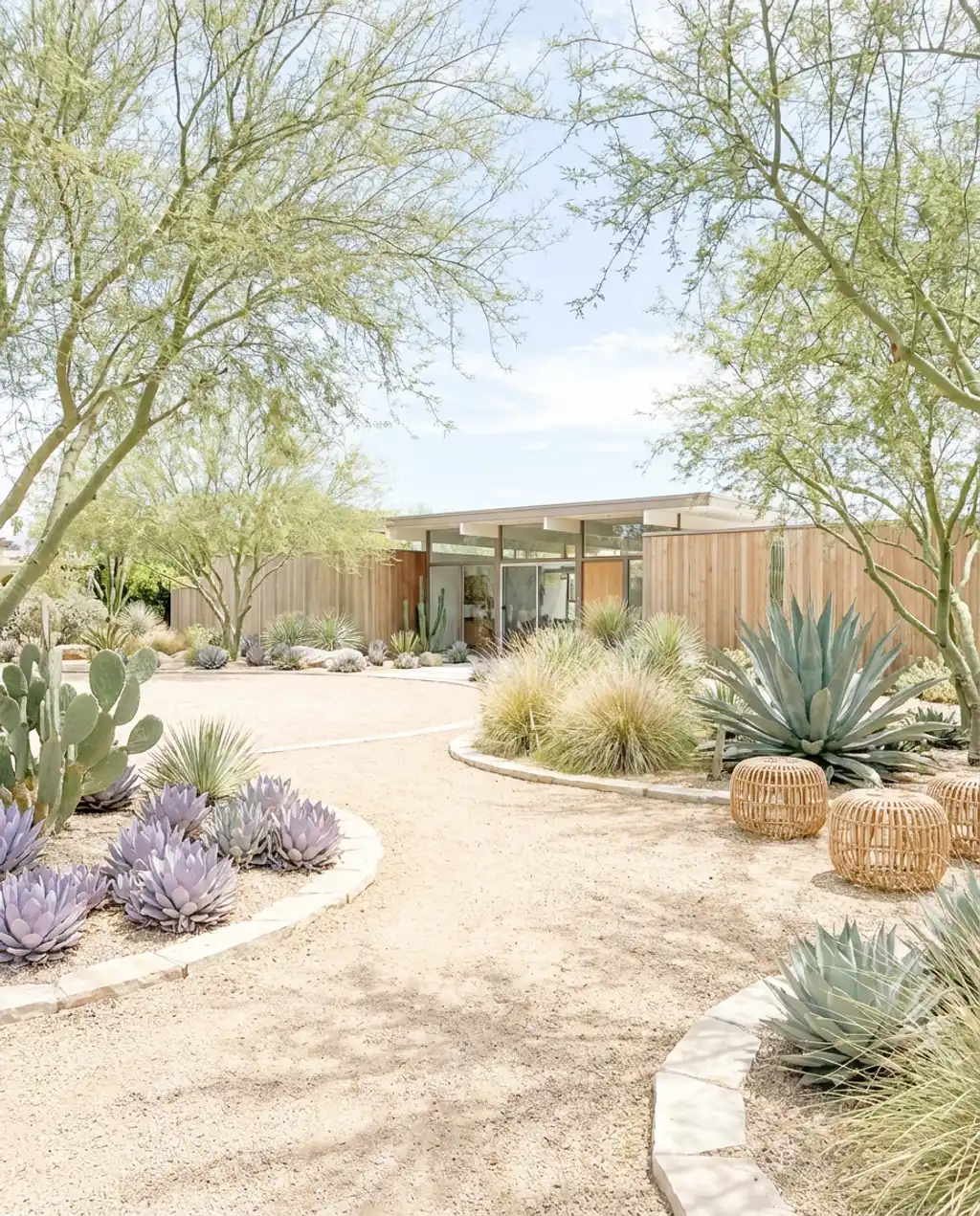 Mid-Century Modern Gravel Driveway with Desert Landscaping