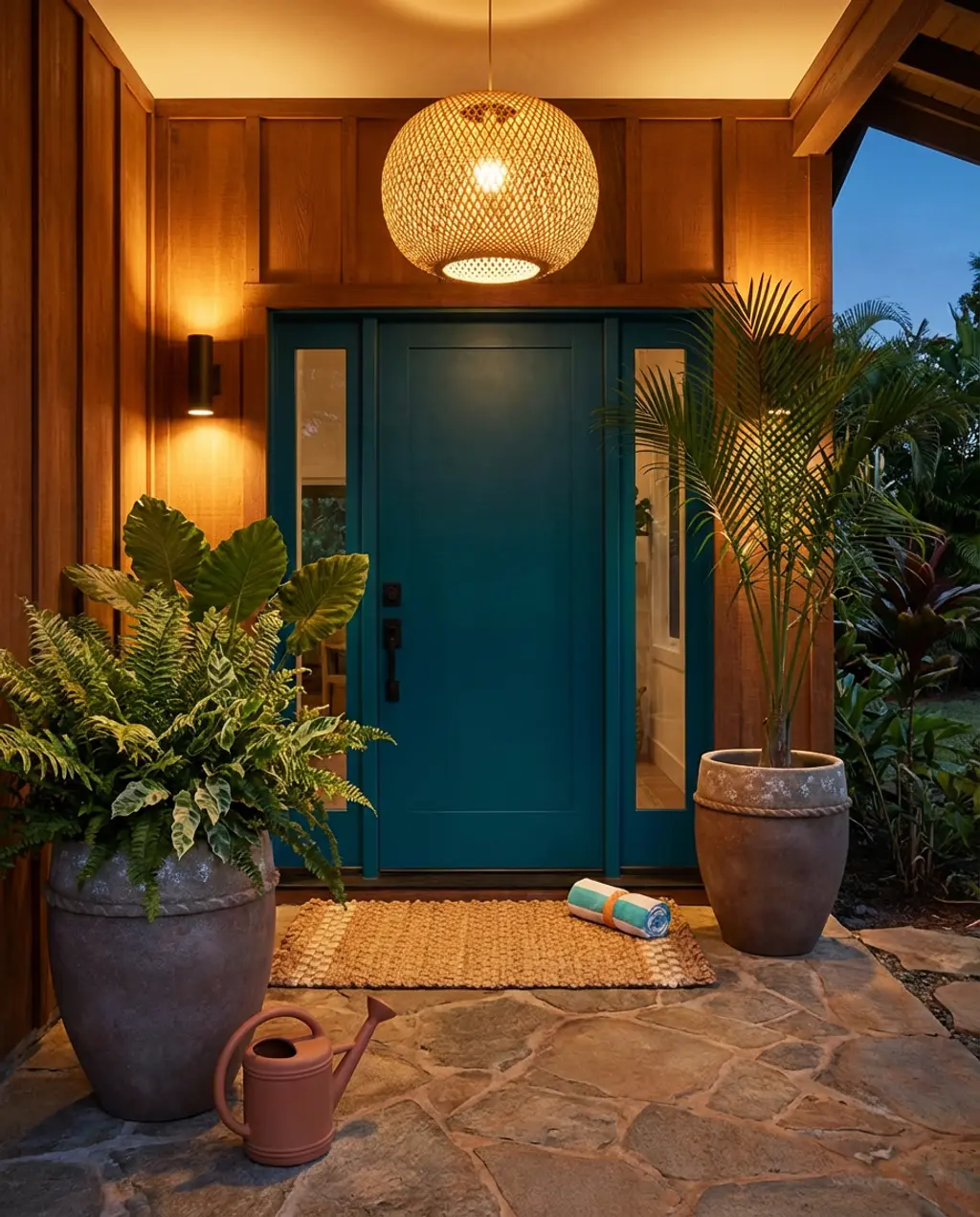 Tropical Exterior Front Door with Lush Plants