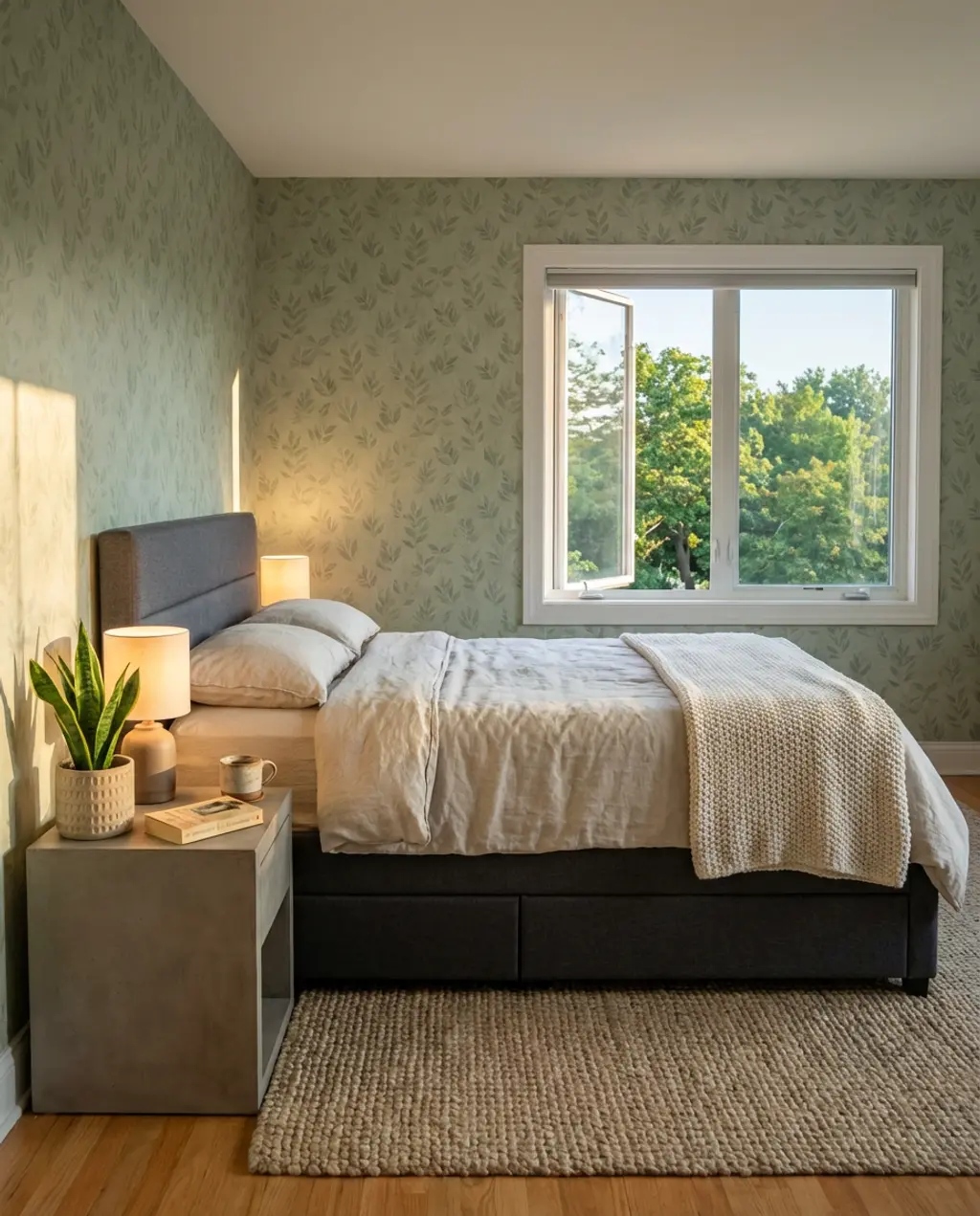 Soft Green Botanical Wallpaper for a Tranquil Primary Bedroom