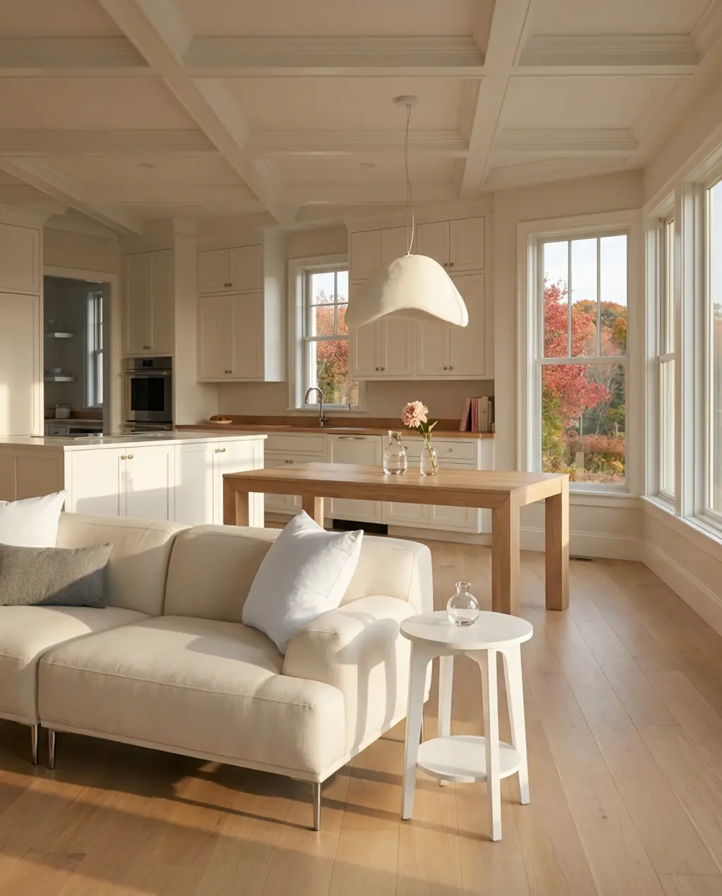 Bright White Open Kitchen Living Room with Wood Accents