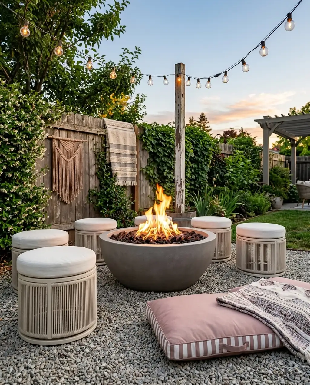 Intimate Fire Pit Lounge with Bistro Lights