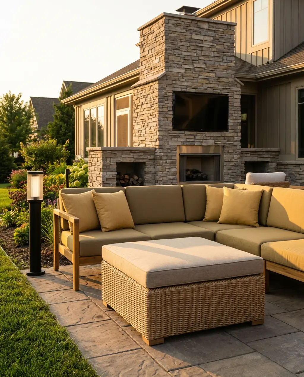 Backyards Oasis with Stacked Stone Fireplace and TV