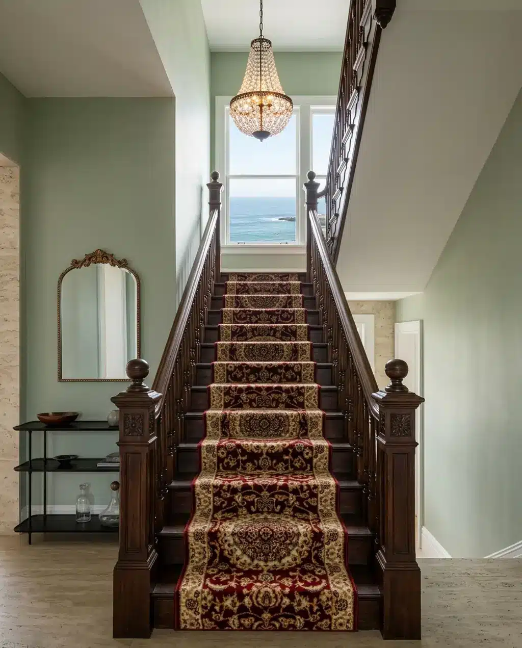 Victorian Staircase with Ornate Spindles and Dark Wood