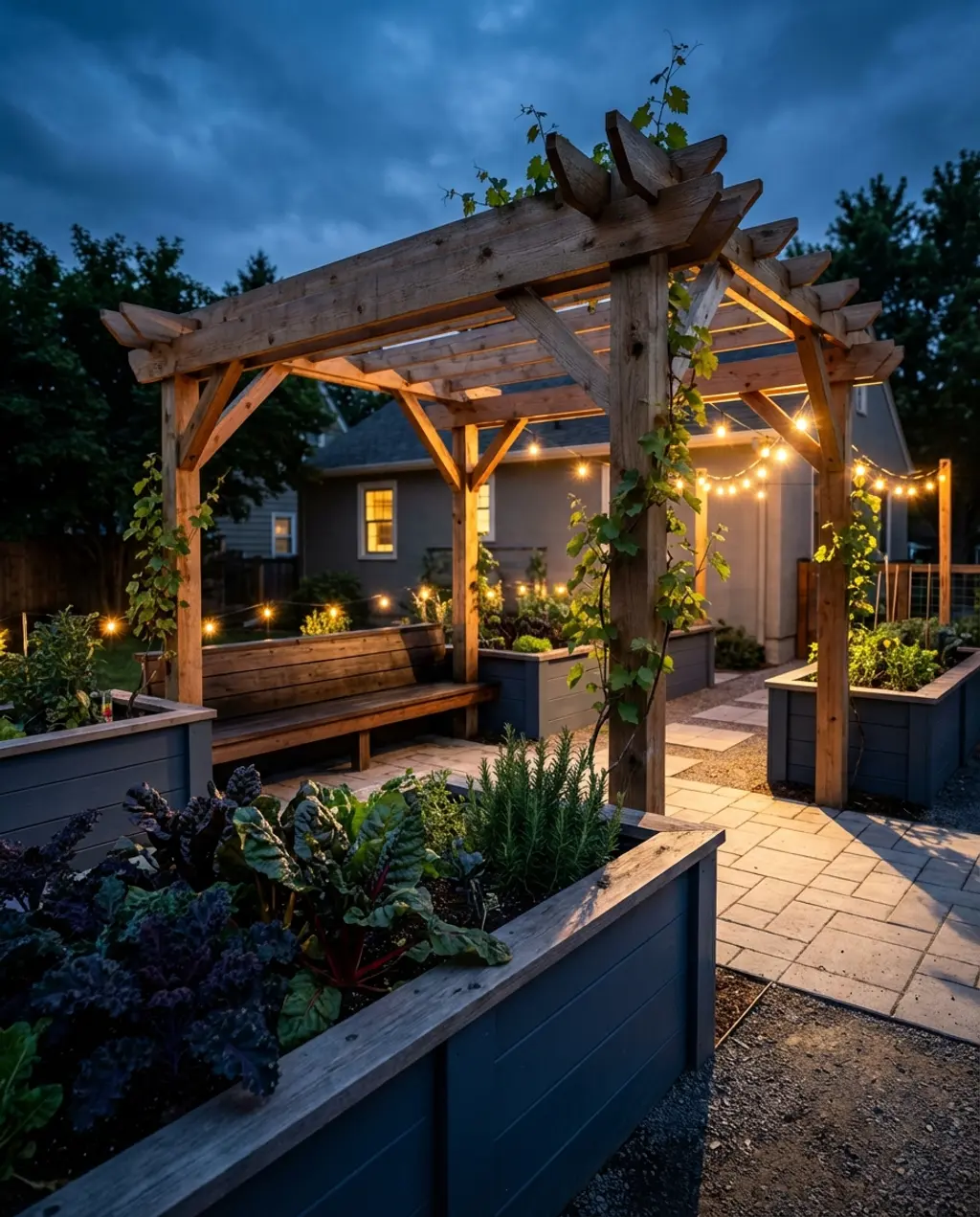 Elevated Raised Beds with Integrated Seating and Pergola