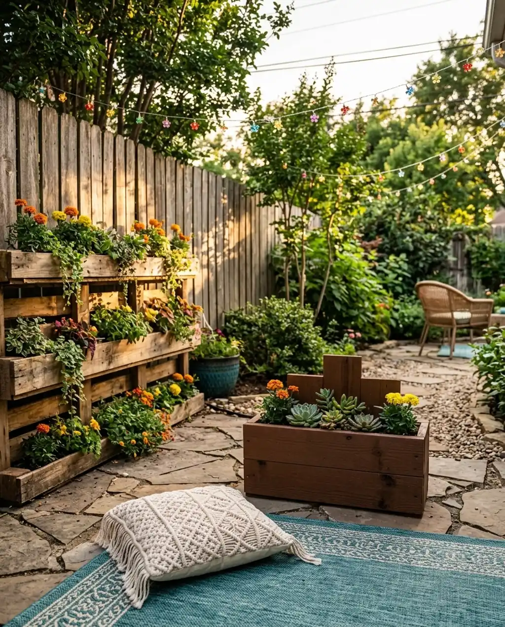 Budget-Friendly Boho Oasis: DIY Pallet Planters & String Lights