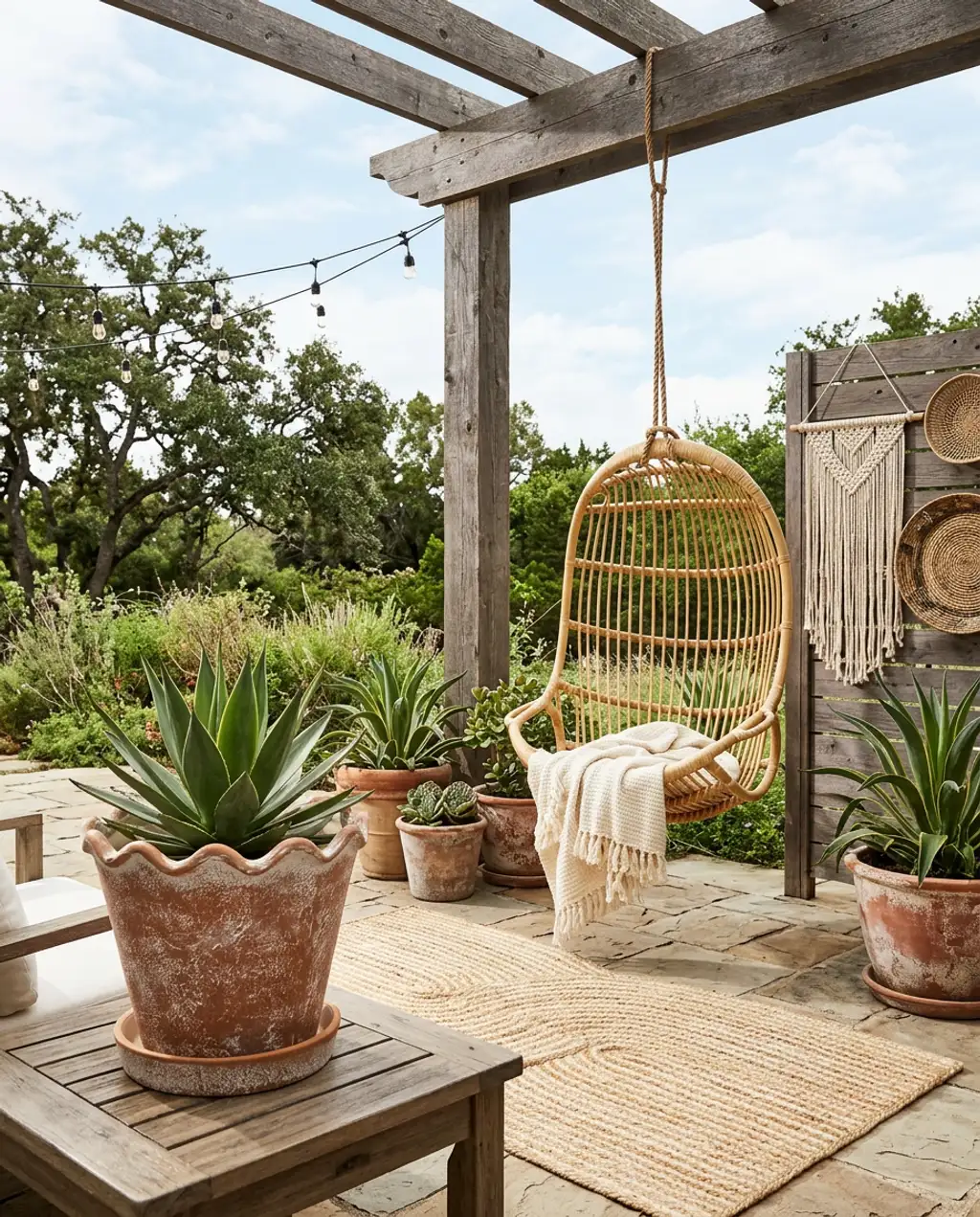 Bohemian Patio Escape with Macrame and Rattan