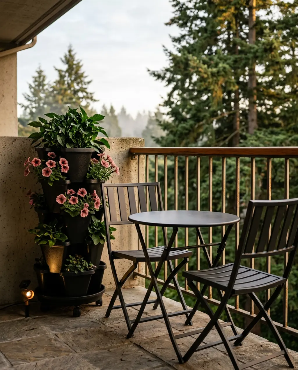 Small Space Balcony with Black Bistro Set and Vertical Planter