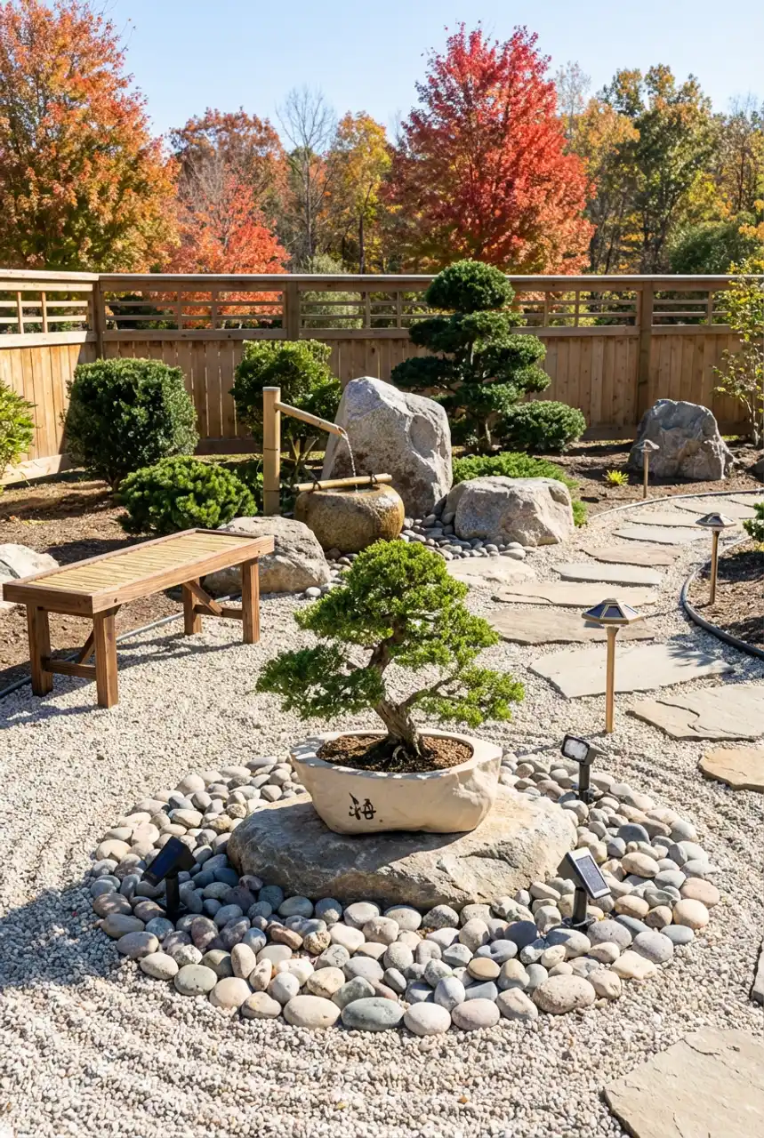 Japanese Zen Garden with Subtle Solar Spotlights