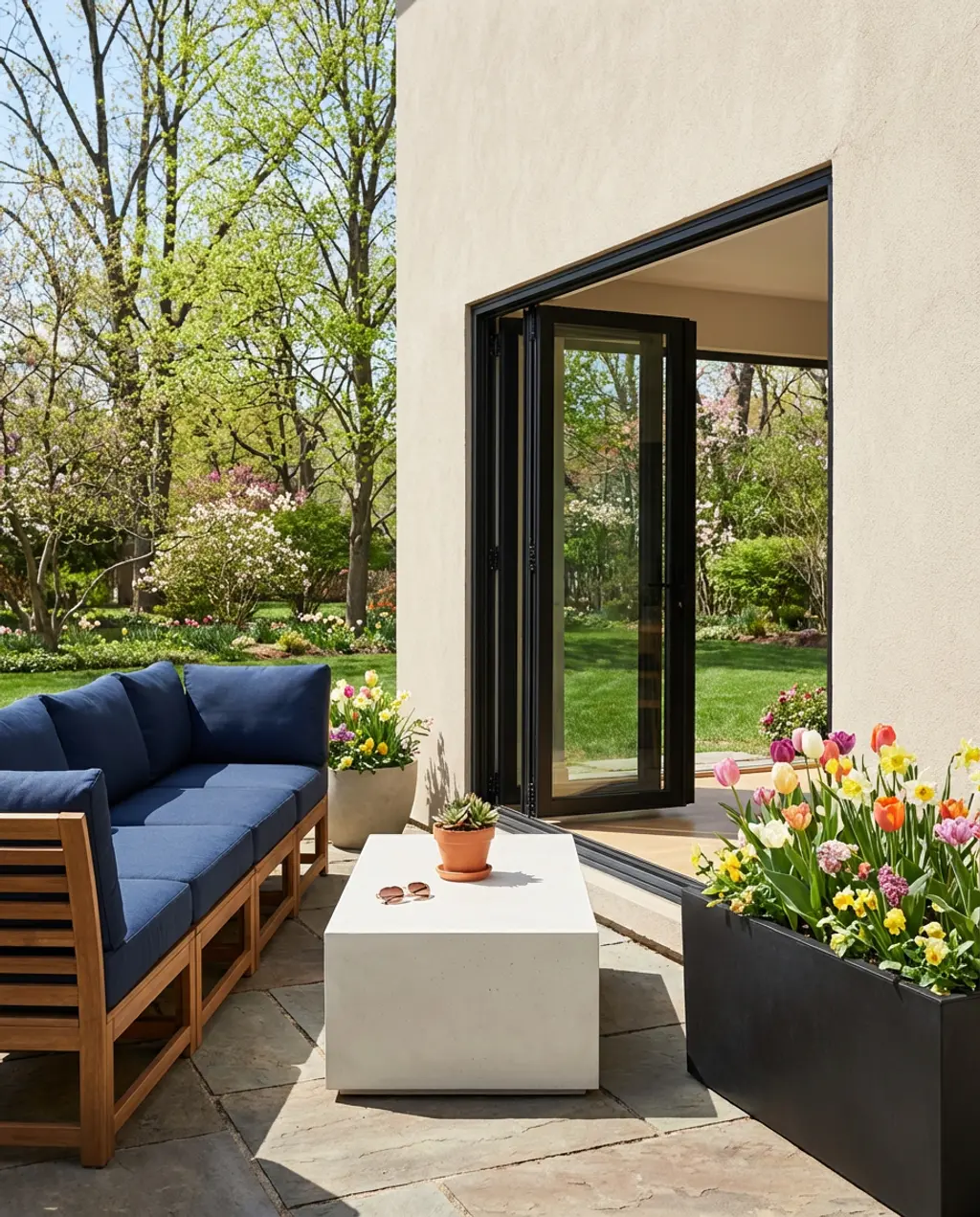Backyard Oasis with Large Black Sliding Pocket Patio Doors