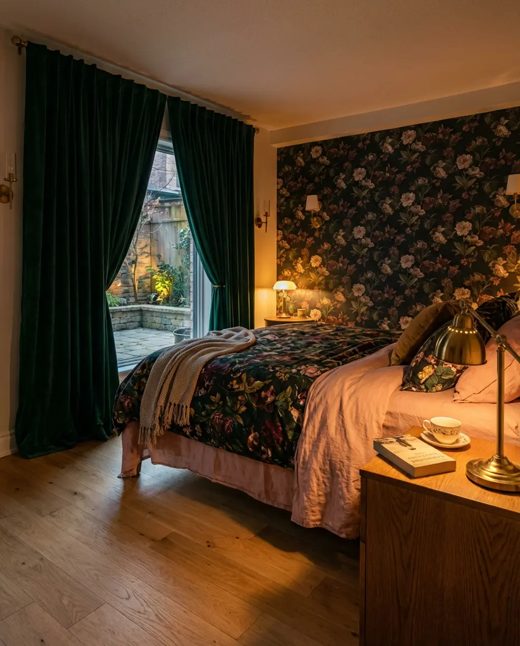 Moody Spring Bloom Bedroom with Dark Floral Wallpaper