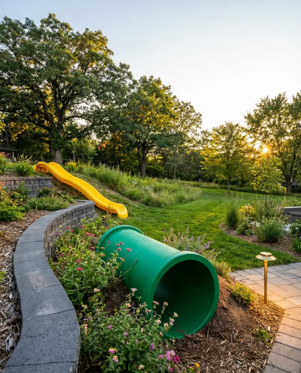 Sloped Backyard Fun Zone with Integrated Slide & Tunnel