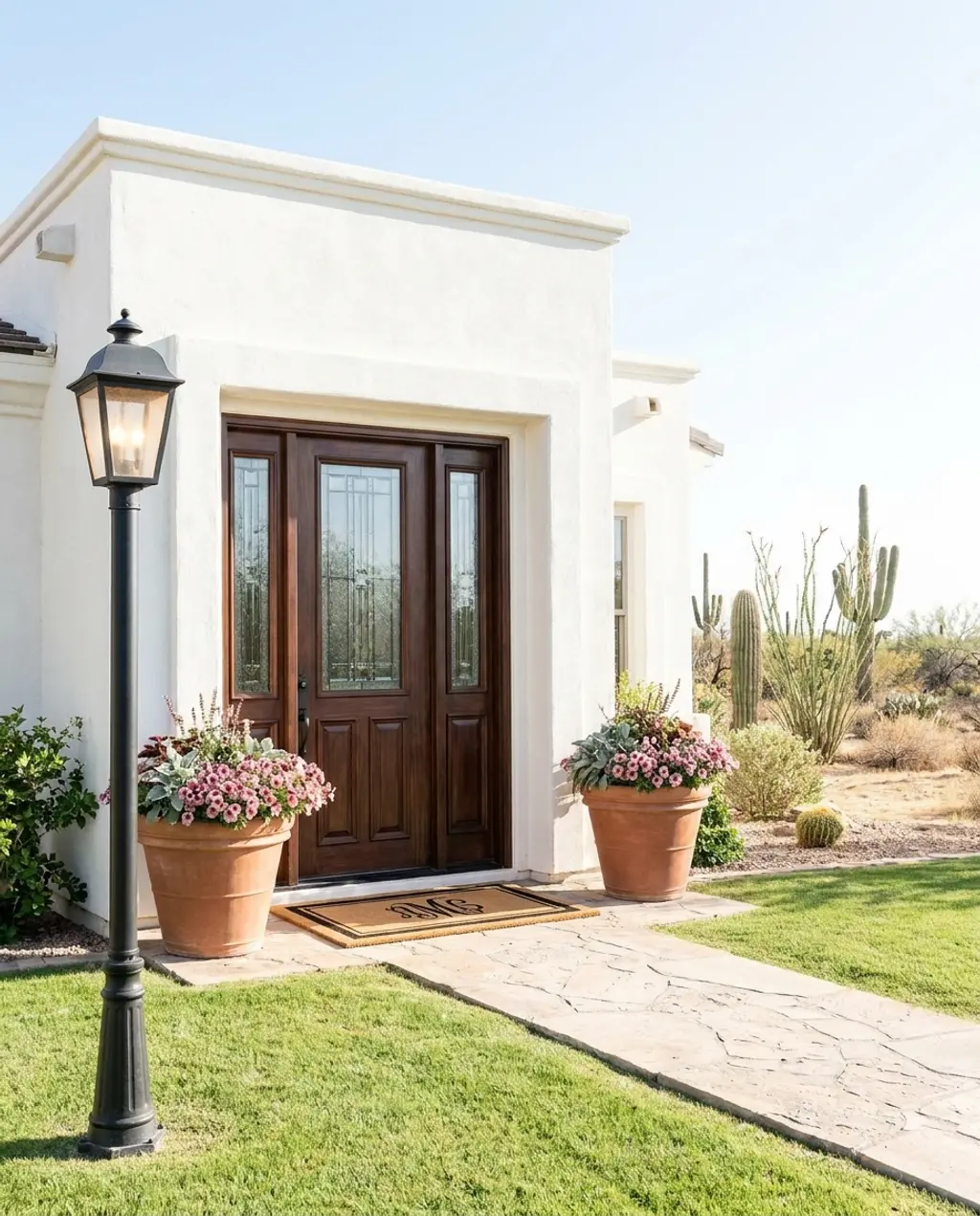 Grand Exterior Front Door with Lush Greenery