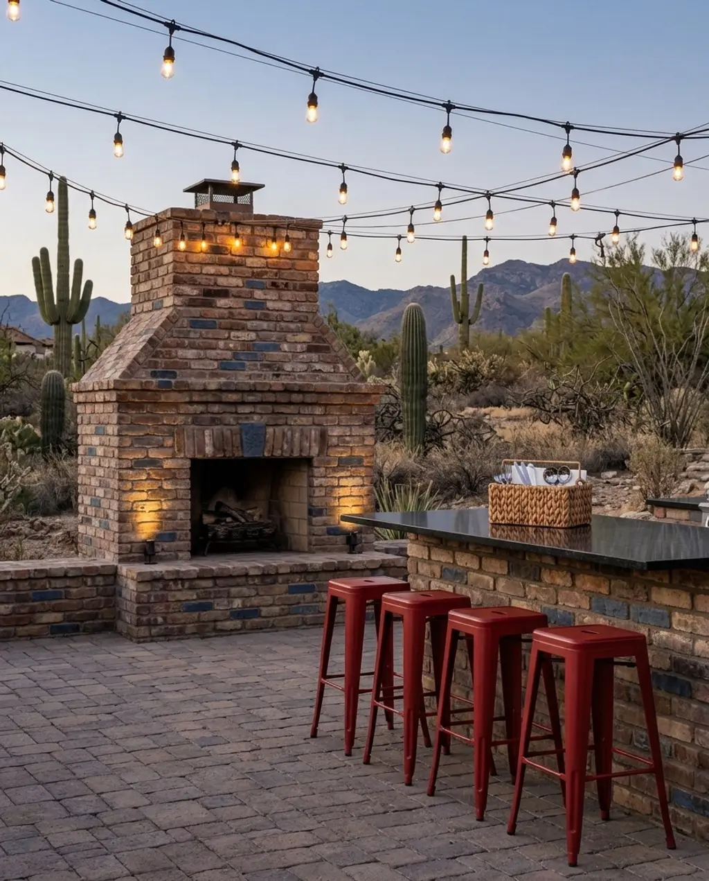 Rustic Brick Fireplace with BBQ and Prep Area
