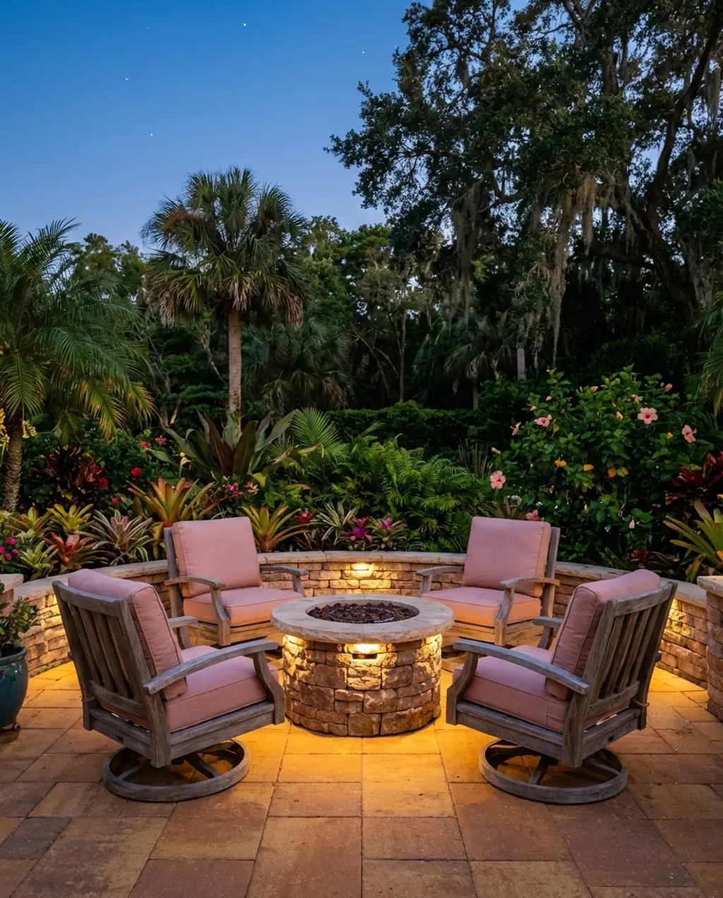 Rustic Stone and Wood Fire Pit with Swivel Chairs