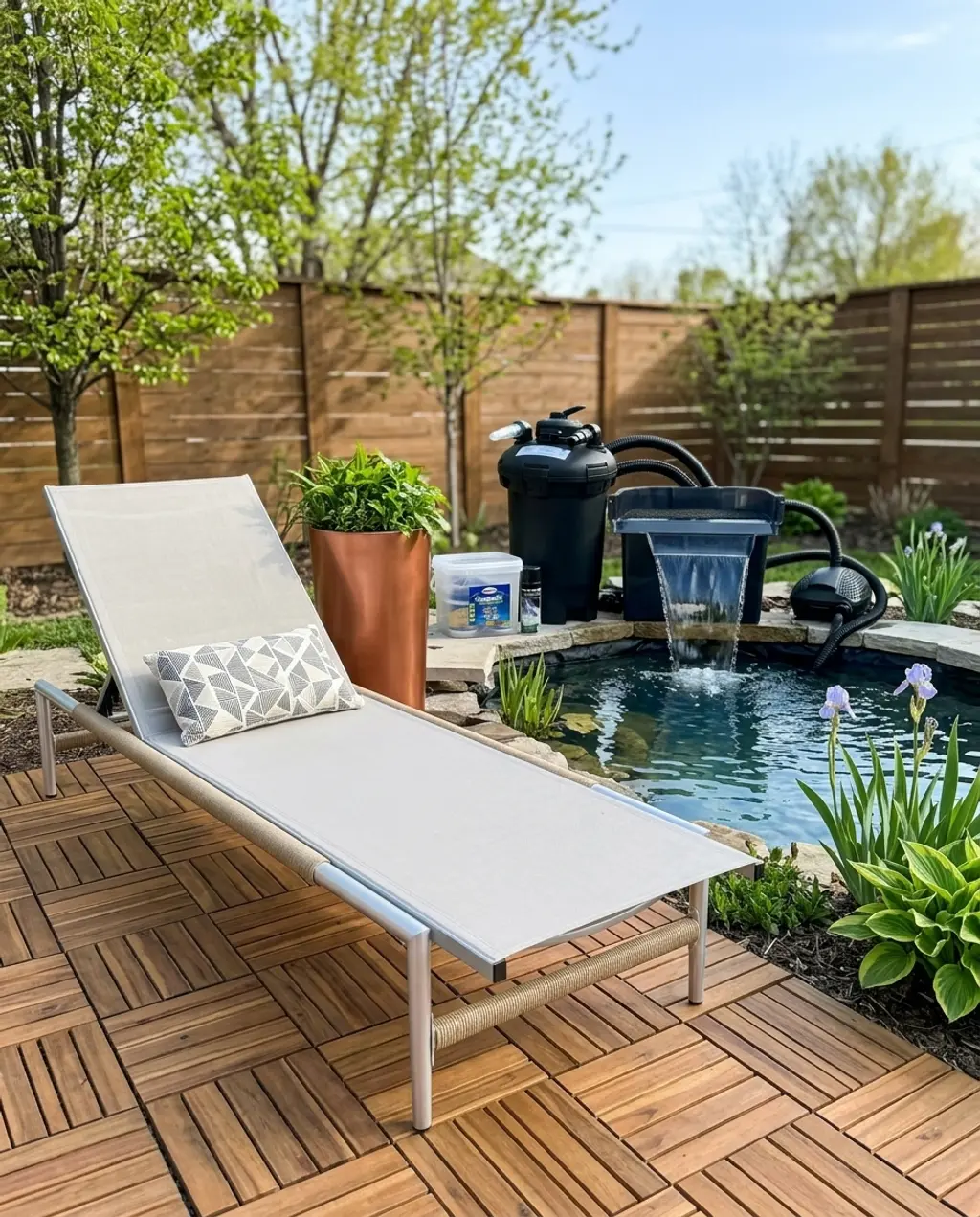 Stylish Small Pond with Decking & Lounger for Relaxation