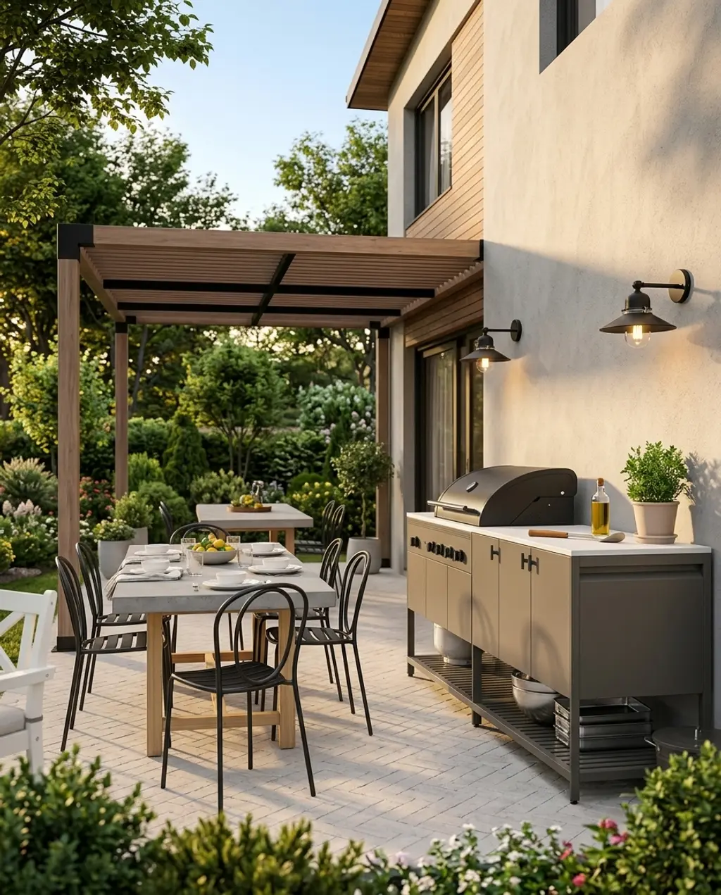 Attached Pergola with Modern Slat Roof for Patio Extension