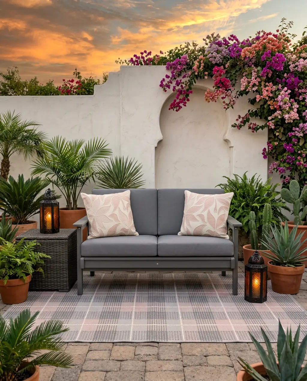 Moroccan Inspired Patio with Gray Loveseat and Lanterns