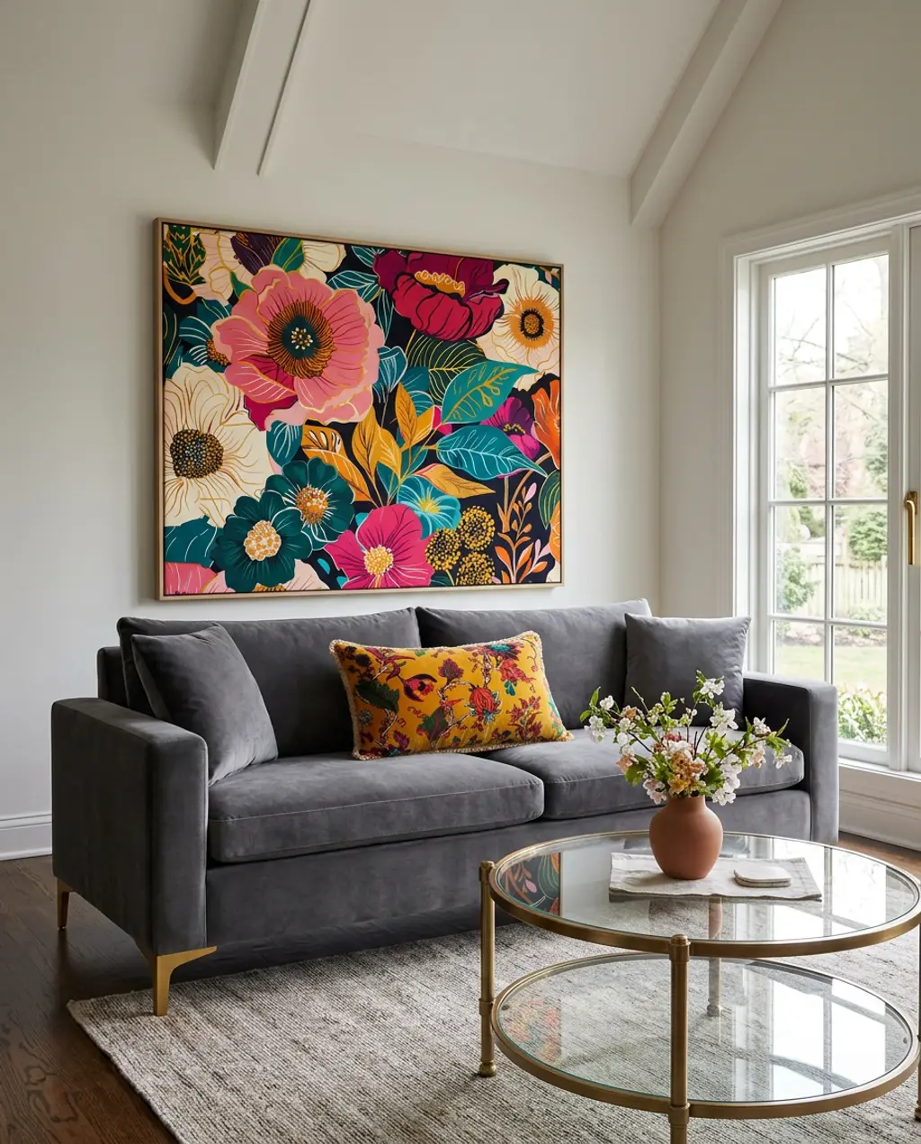 Dark Grey Sofa Living Room with Bright Spring Floral Accents