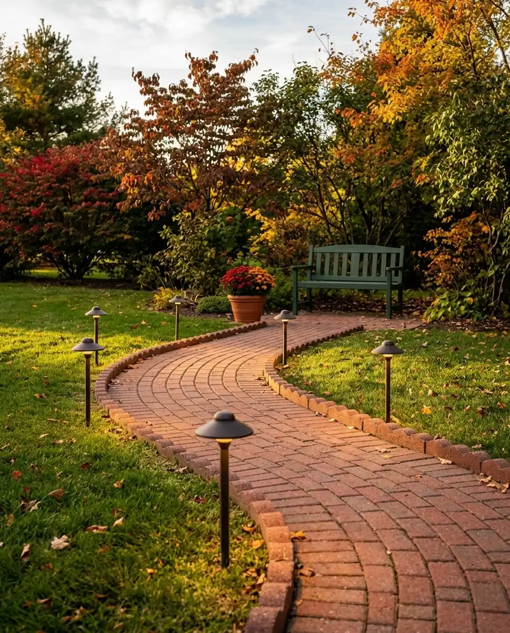 Curved Brick Walkway with Integrated Lighting for Evening Charm — Budget Version