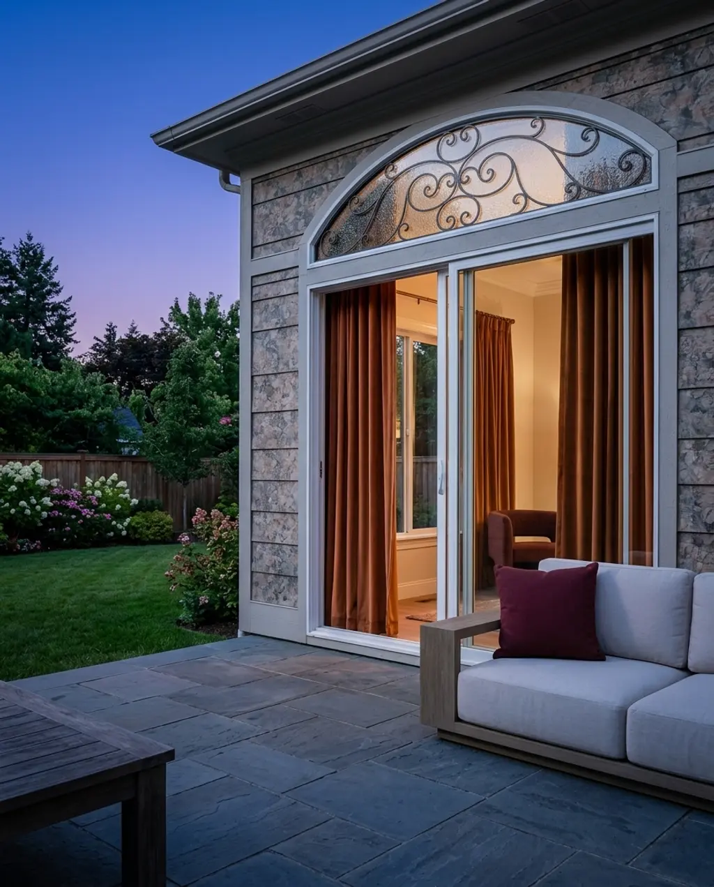 Grand Patio Doors with Transom Window and Heavy Drapes