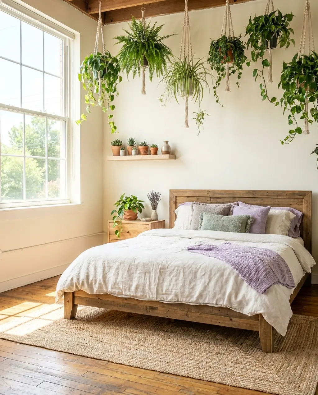 Urban Jungle Spring Bedroom with Lush Plants & Natural Wood