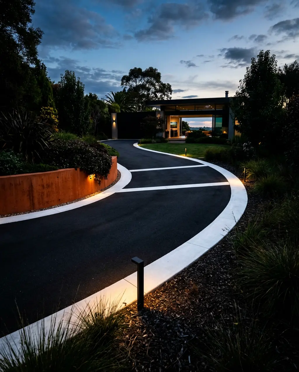 Sleek Blacktop Driveway with White Concrete Ribbons