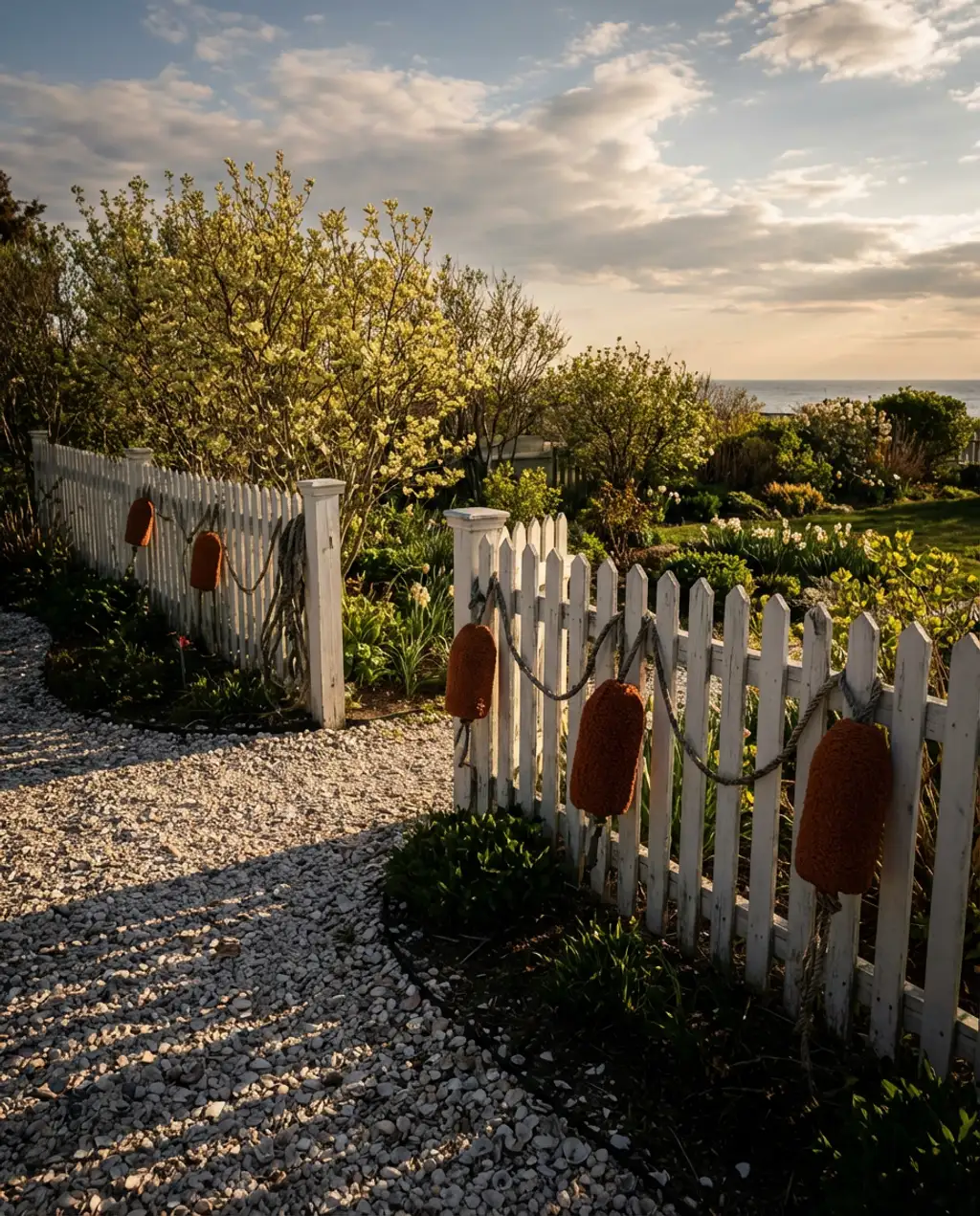 Coastal-Inspired Picket Fence with Buoys and Shells