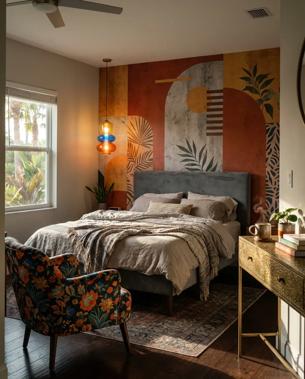 Vibrant Mural Wallpaper for an Eclectic Bedroom