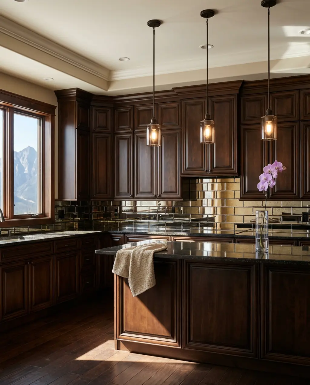 Dark Wood Kitchen with Mirrored Backsplash for Depth