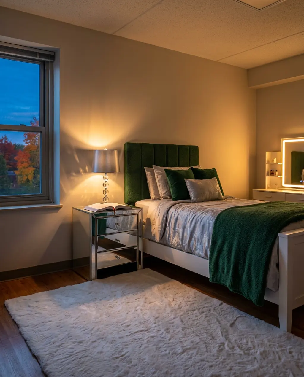 Glam Dorm Room with Mirrored Furniture