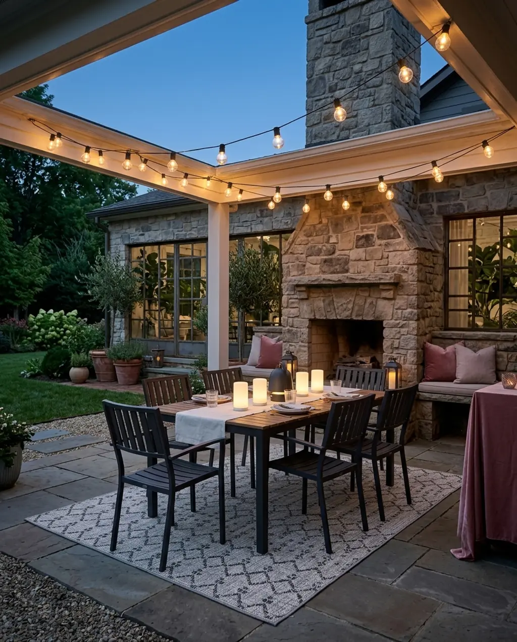 Patio Covered Fireplace with Outdoor Dining Area
