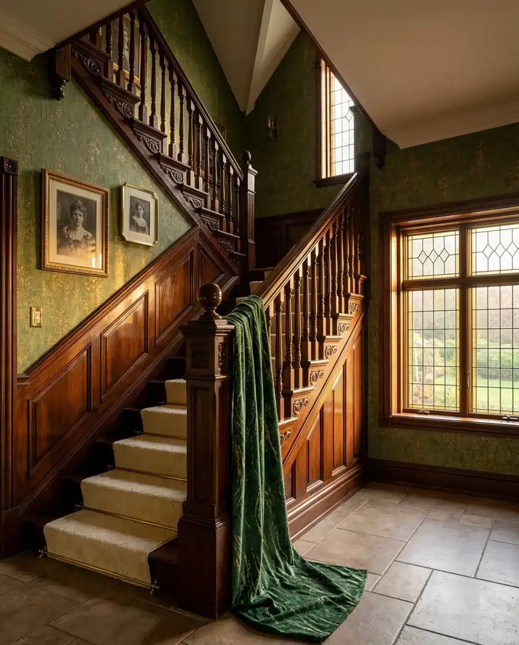 Victorian Grand Staircase with Velvet Runners and Ornate Wall Decor — Luxury Version