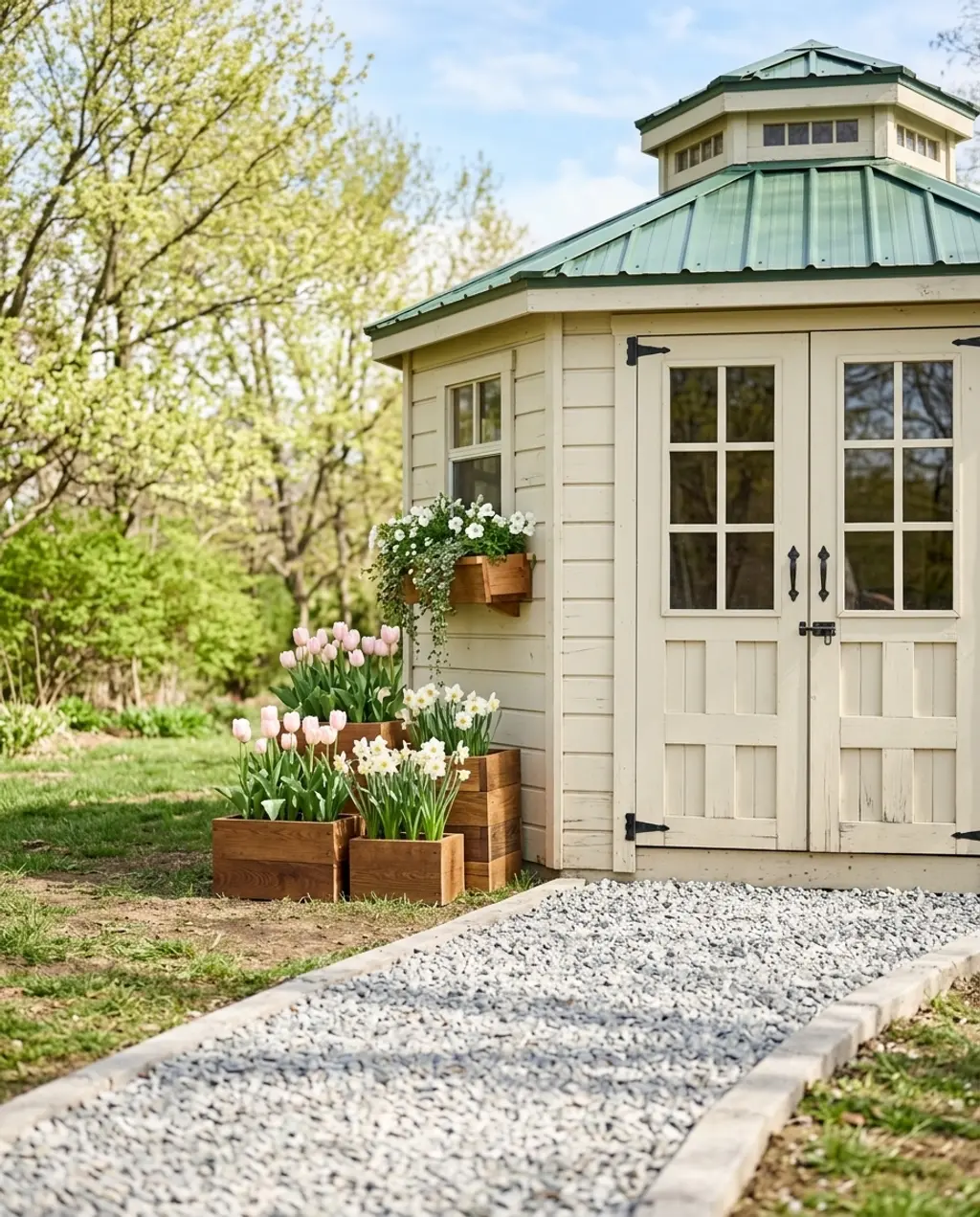 Rustic Garden Shed with Green Roof and DIY Planters