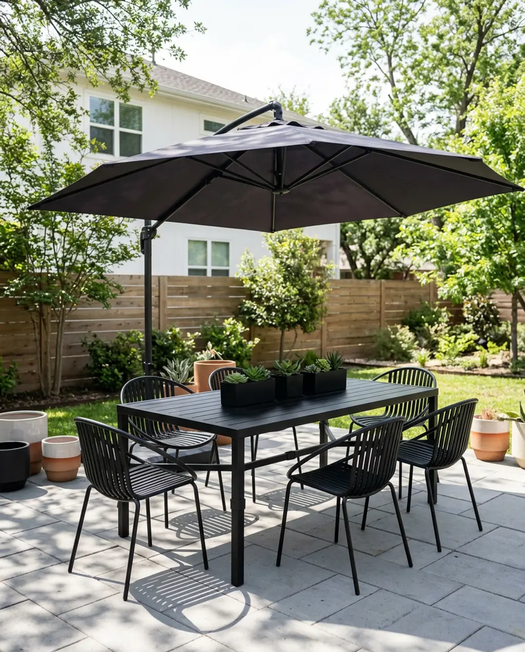 Sleek Black Dining Table with Cantilever Umbrella for Modern Patio