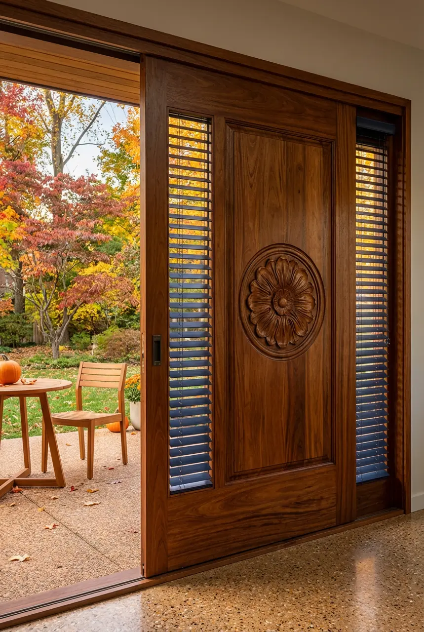 Mid-Century Modern Dining with Wooden Sliding Patio Doors and Retro Blinds