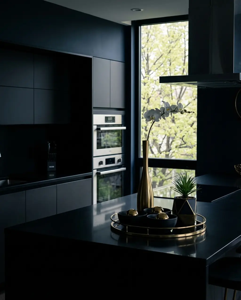 Sophisticated Spring Kitchen Counter with Black and Gold Accents