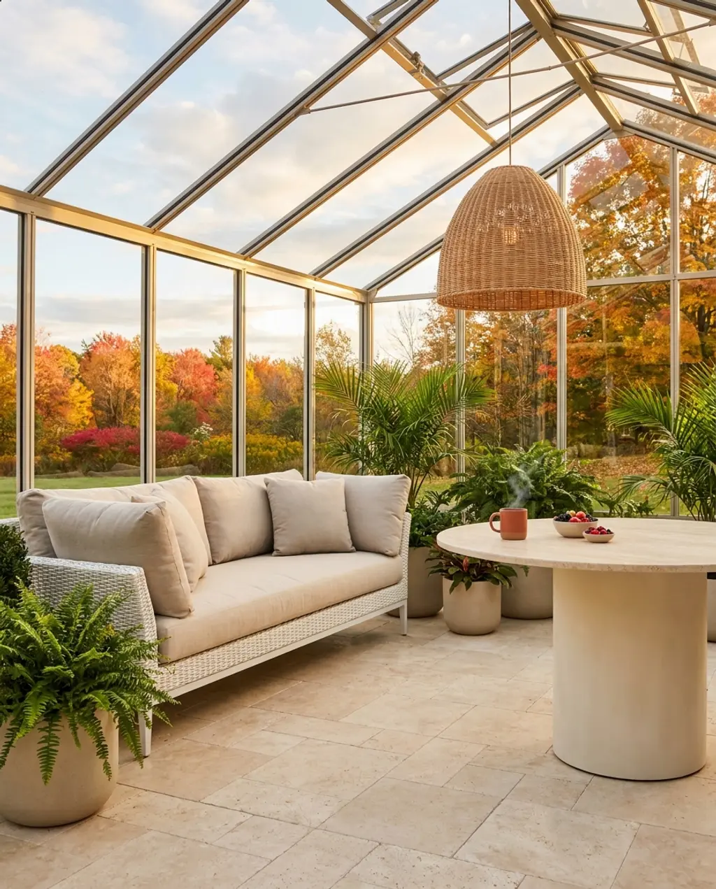 Greenhouse Terrace with Glass Roof and Lush Plants