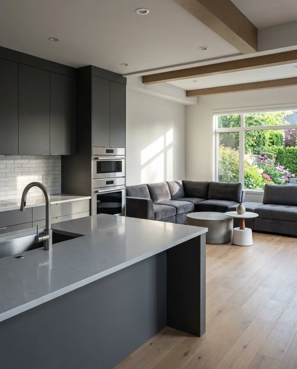 Sophisticated Gray Open Kitchen Living Room Layout — Luxury Version