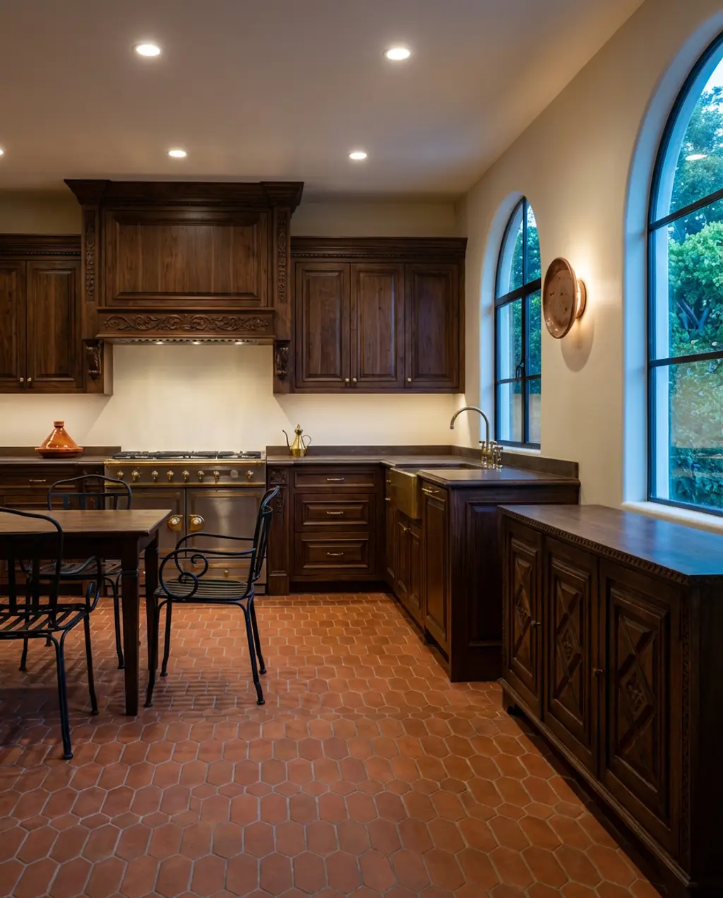 Mediterranean Dark Wood Kitchen with Arched Details