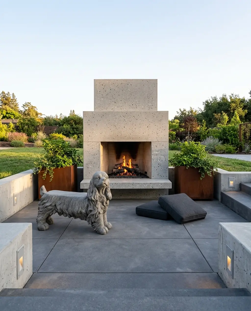 Contemporary Concrete Outdoor Fireplace with Planters