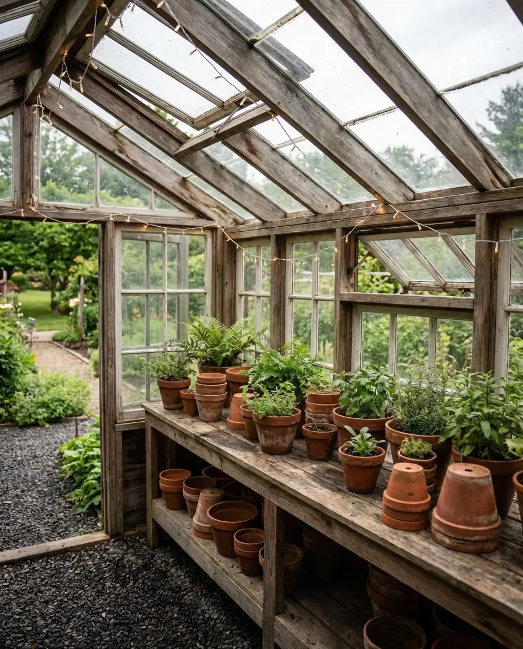 Vintage Greenhouse with Terracotta Pots and Fairy Lights — Luxury Version